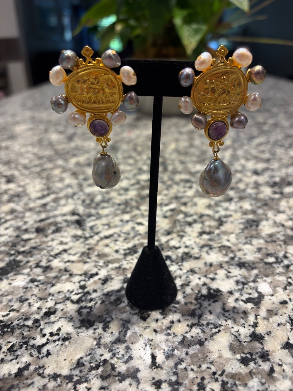 Gold-Tone Pearl and Amethyst Drop Earrings - pierced